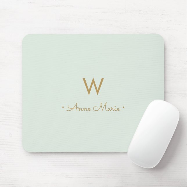 Modern Sage Green Gold Script Monogram Mouse Pad (With Mouse)