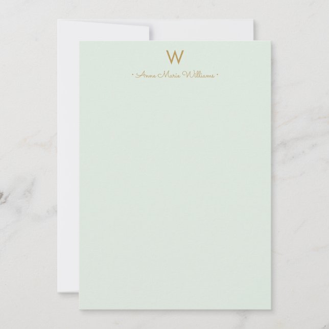 Modern Sage Green Gold Script Monogram Note Card (Front)