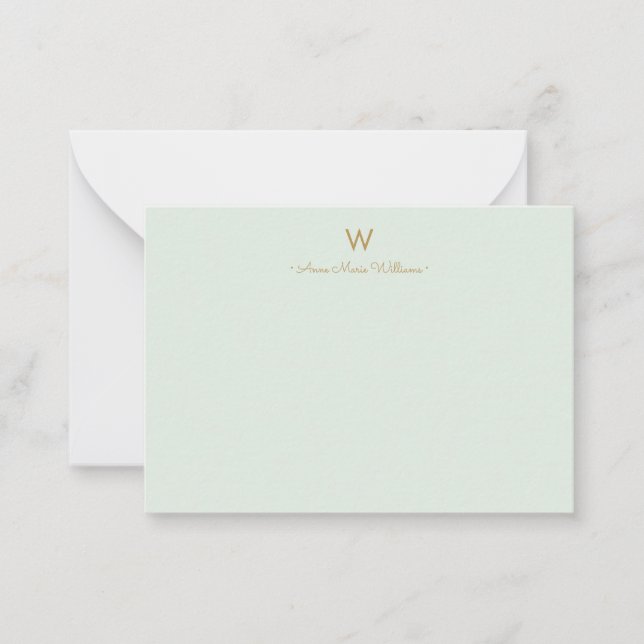 Modern Sage Green Gold Script Monogram Note Card (Front)