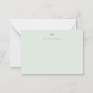 Modern Sage Green Gold Script Monogram Note Card