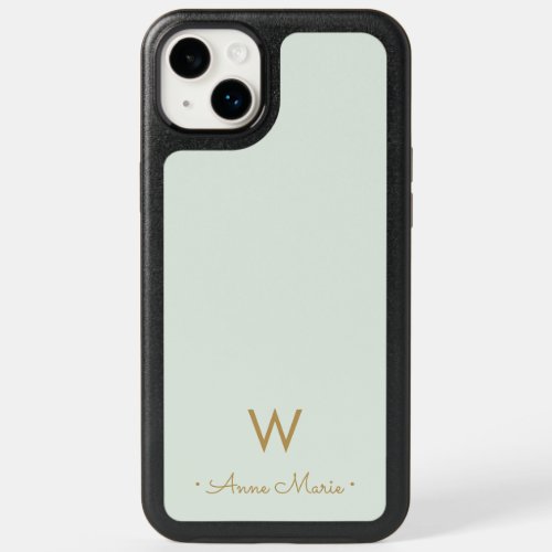 Modern Sage Green Gold Script Monogram OtterBox iPhone 14 Plus Case