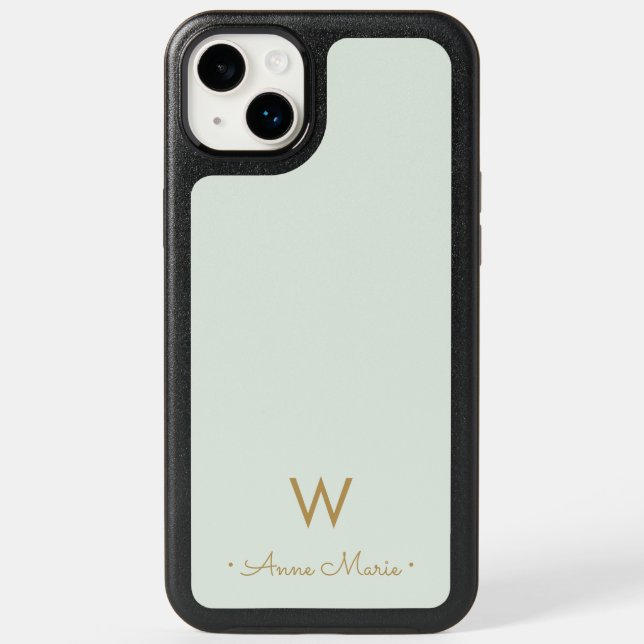 Modern Sage Green Gold Script Monogram Otterbox iPhone Case (Back)