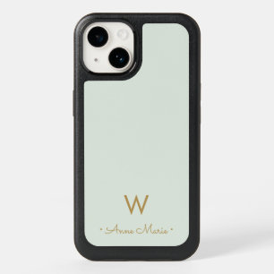 Modern Sage Green Gold Script Monogram OtterBox iPhone 14 Case