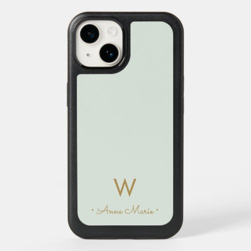 Modern Sage Green Gold Script Monogram OtterBox iPhone 14 Case