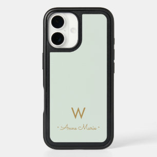 Modern Sage Green Gold Script Monogram iPhone 16 Case