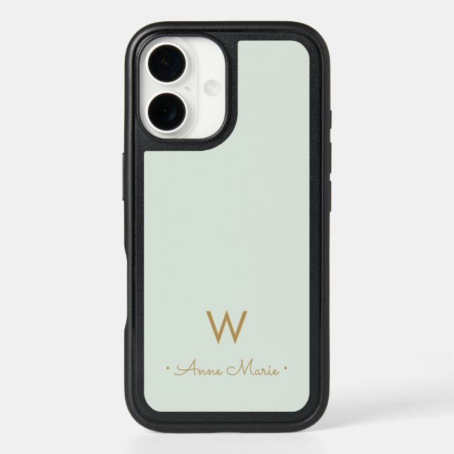 Modern Sage Green Gold Script Monogram Otterbox iPhone Case (Back)