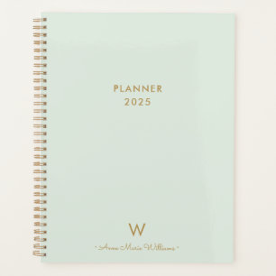 Modern Sage Green Gold Script Monogram Planner