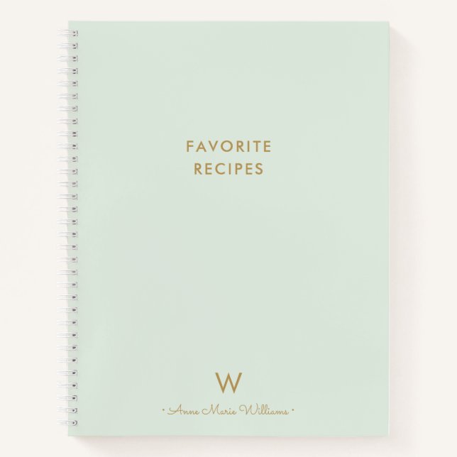 Modern Sage Green Gold Script Monogram Recipe Notebook (Front)
