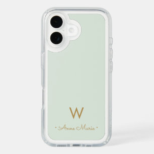 Modern Sage Green Gold Script Monogram iPhone 16 Case