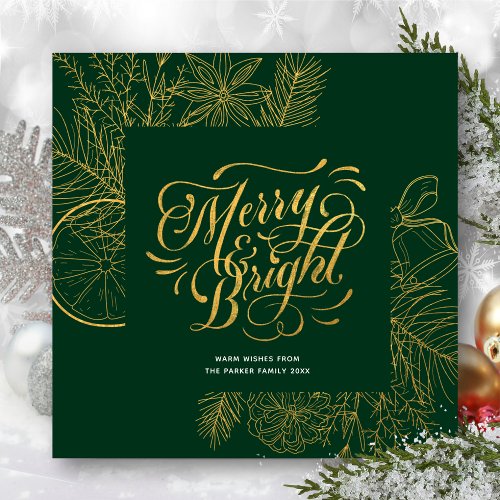 Modern Sage Green Gold Script Pine Bough Floral  Holiday Card