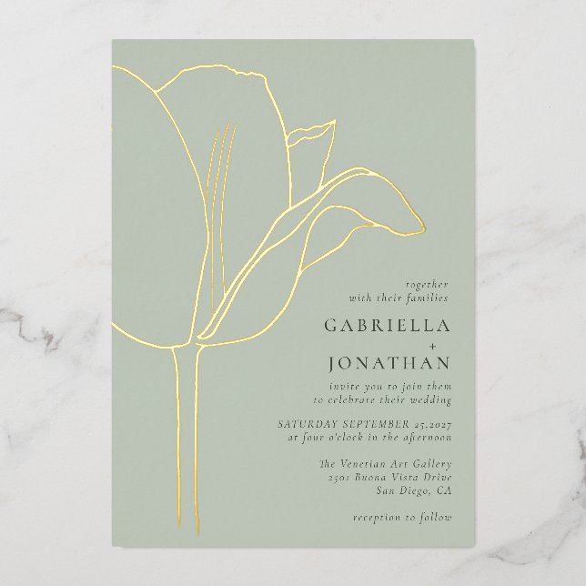 Modern Sage Green Gold Tulip Wedding Foil Invitation (Front)