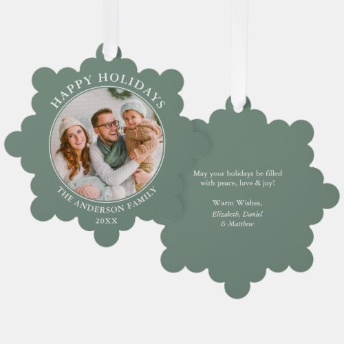 Modern Sage Green Happy Holidays Photo Ornament Card