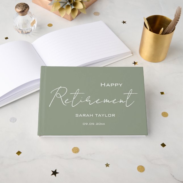 Modern Sage Green Happy Retirement Personalized  Foil Guest Book (Front Open)