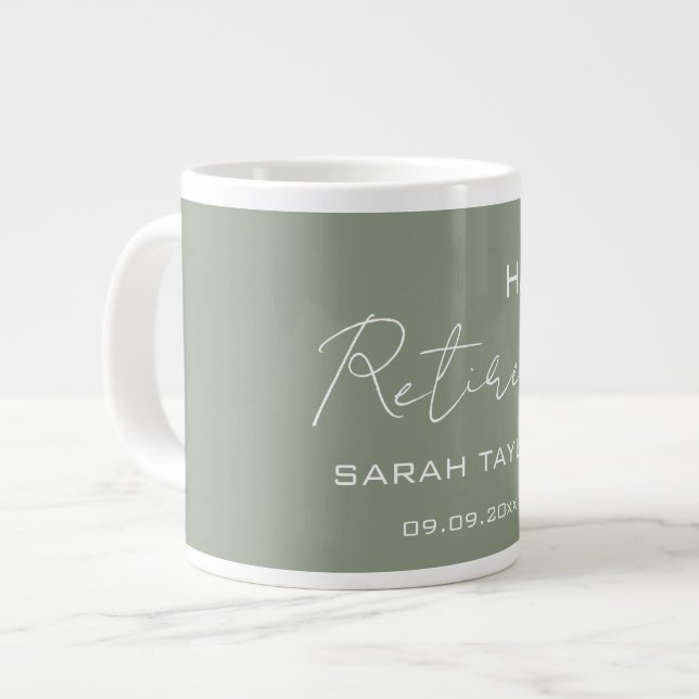 Modern Sage Green Happy Retirement Personalized  Giant Coffee Mug (Front Left)