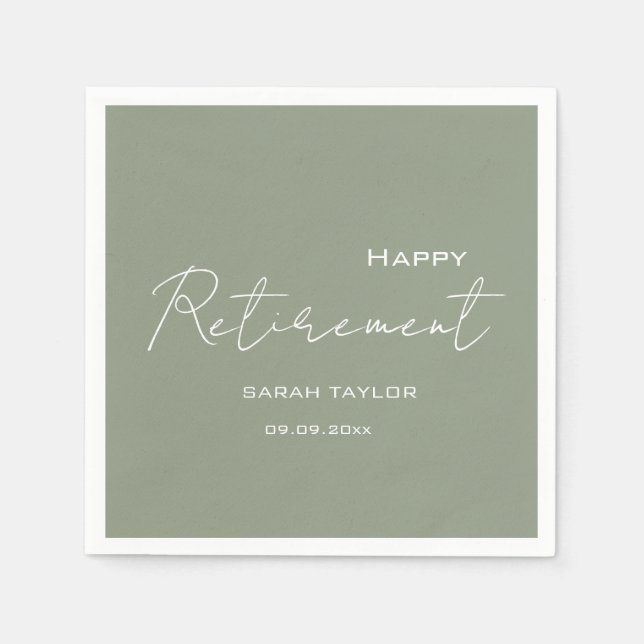 Modern Sage Green Happy Retirement Personalized  Napkins (Front)
