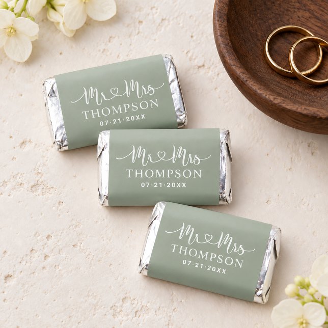 Modern Sage Green Heart Script Monogram Hershey's Miniatures (Creator Uploaded)