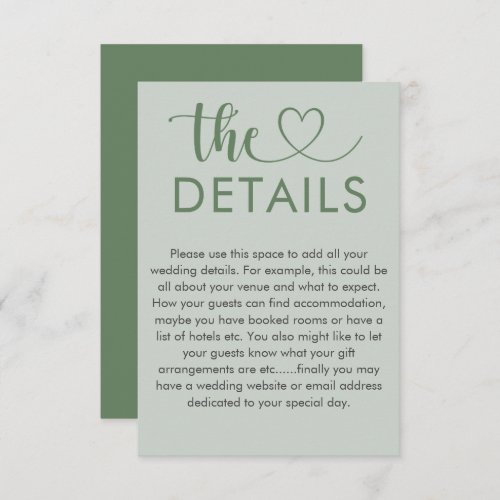 Modern Sage Green Heart Wedding Details Enclosure Card