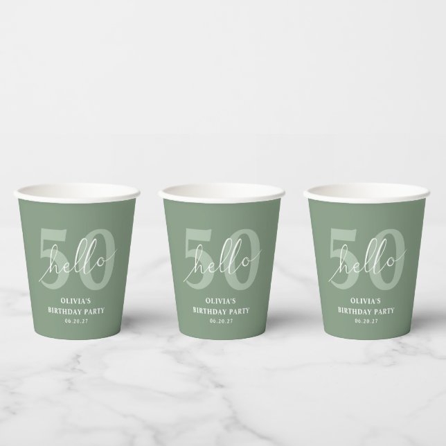 Modern Sage Green Hello Fifty 50th Birthday Custom Paper Cups (Multi)