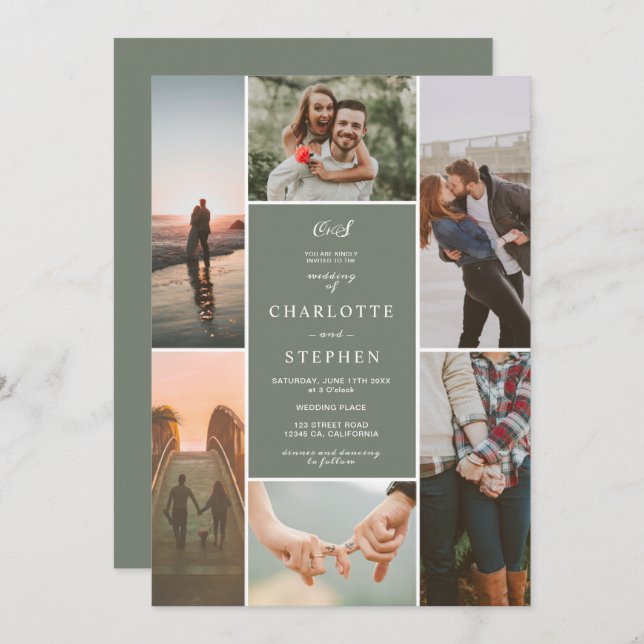 Modern sage green initials photo grid wedding invitation (Front/Back)