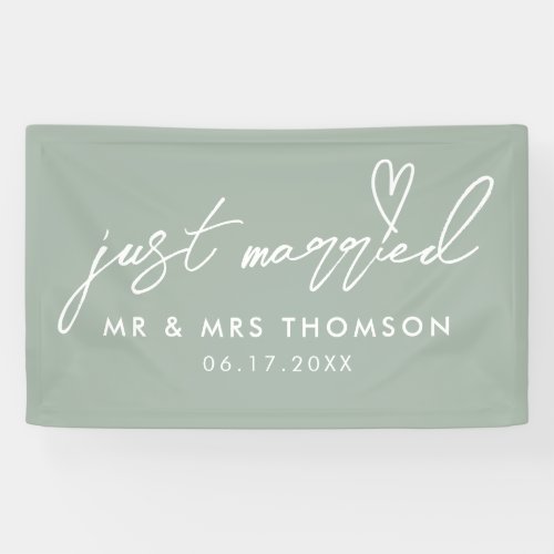 Modern Sage Green Just Married Elegant Wedding Banner