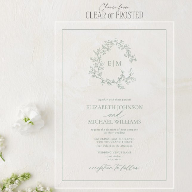 Modern Sage Green Leafy Crest Monogram Wedding Acrylic Invitations (Creator Uploaded)