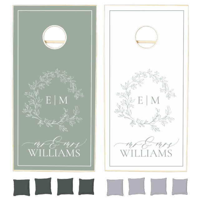 Modern Sage Green Leafy Crest Monogram Wedding Cornhole Set (Set)