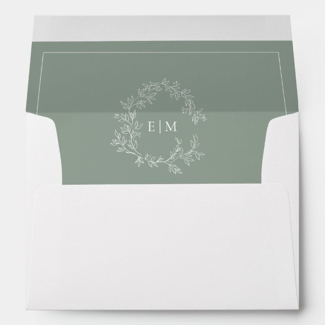 Modern Sage Green Leafy Crest Monogram Wedding Envelope (Back (Bottom))