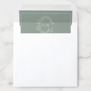 Modern Sage Green Leafy Crest Monogram Wedding Envelope Liner