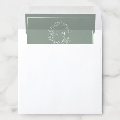 Modern Sage Green Leafy Crest Monogram Wedding Envelope Liner