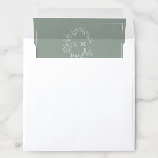 Modern Sage Green Leafy Crest Monogram Wedding Envelope Liner (In Envelope)