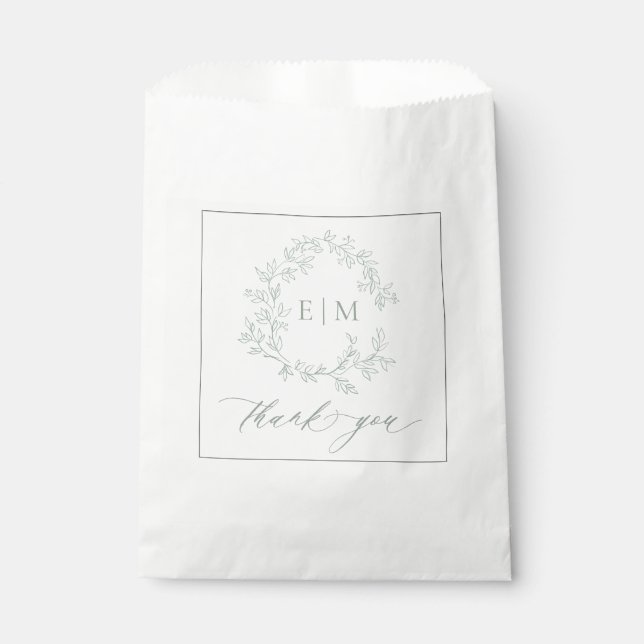 Modern Sage Green Leafy Crest Monogram Wedding Favor Bag (Front)