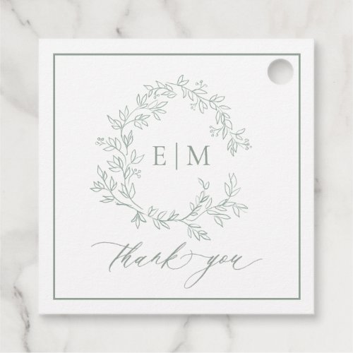 Modern Sage Green Leafy Crest Monogram Wedding Favor Tags