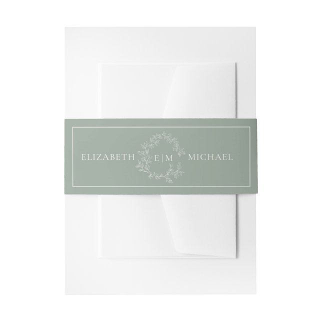 Modern Sage Green Leafy Crest Monogram Wedding Inv Invitation Belly Band (Front Example)