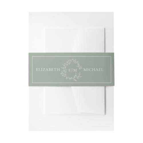 Modern Sage Green Leafy Crest Monogram Wedding Inv Invitation Belly Band