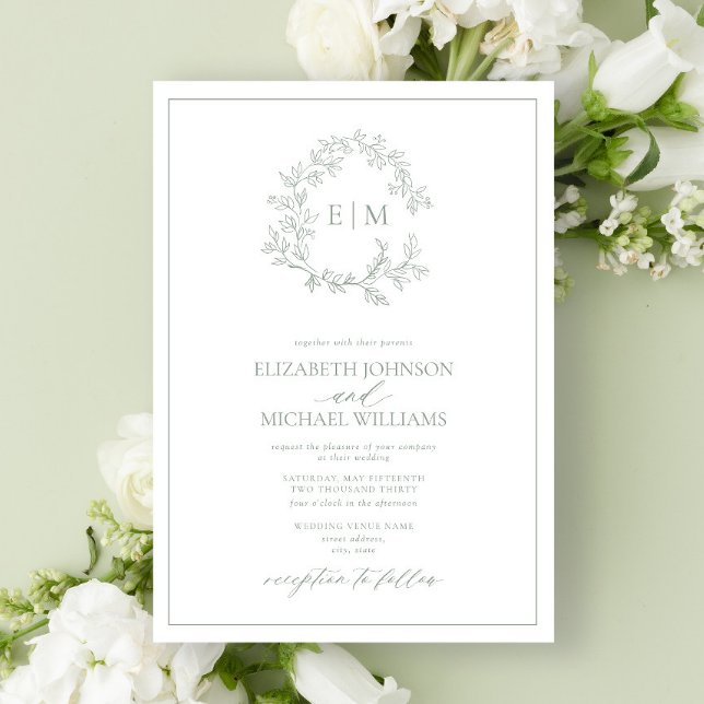 Modern Sage Green Leafy Crest Monogram Wedding Invitation (Creator Uploaded)