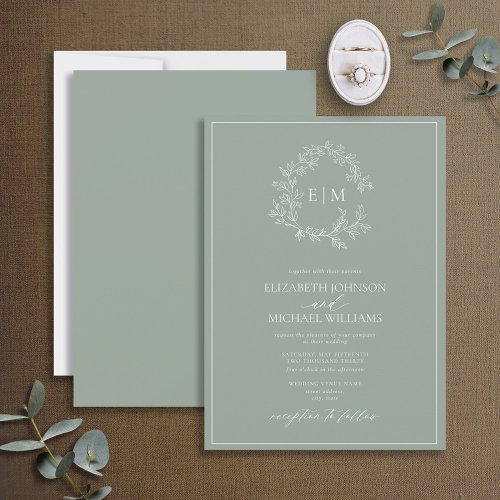 Modern Sage Green Leafy Crest Monogram Wedding Invitation