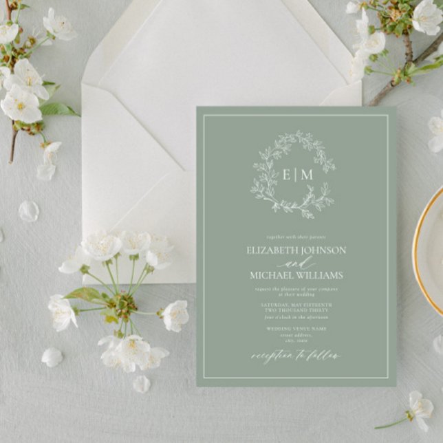 Modern Sage Green Leafy Crest Monogram Wedding Invitation (Creator Uploaded)