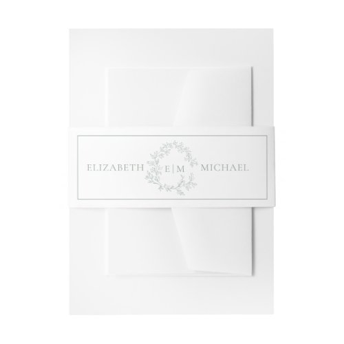 Modern Sage Green Leafy Crest Monogram Wedding Invitation Belly Band