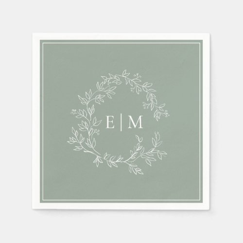 Modern Sage Green Leafy Crest Monogram Wedding Nap Napkins