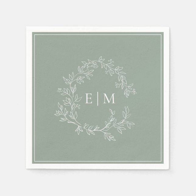Modern Sage Green Leafy Crest Monogram Wedding Nap Napkins (Front)