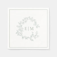 Modern Sage Green Leafy Crest Monogram Wedding Napkins