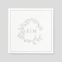 Modern Sage Green Leafy Crest Monogram Wedding Napkins