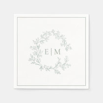 Modern Sage Green Leafy Crest Monogram Wedding Napkins
