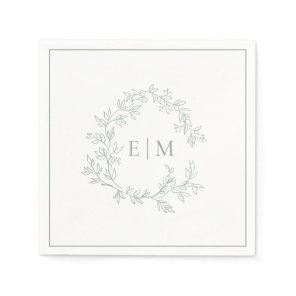 Modern Sage Green Leafy Crest Monogram Wedding Napkins