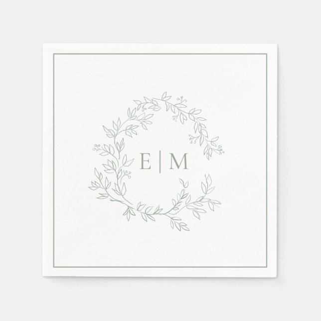 Modern Sage Green Leafy Crest Monogram Wedding Napkins (Front)