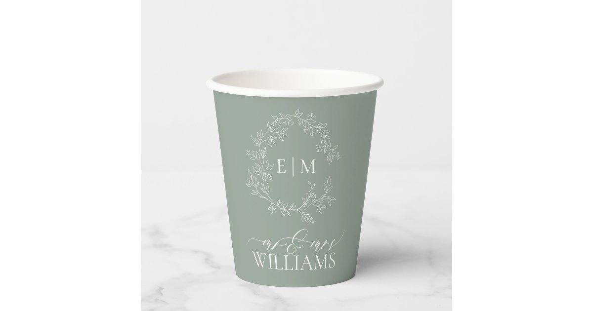 Modern Sage Green Leafy Crest Monogram Wedding Pap Paper Cups | Zazzle
