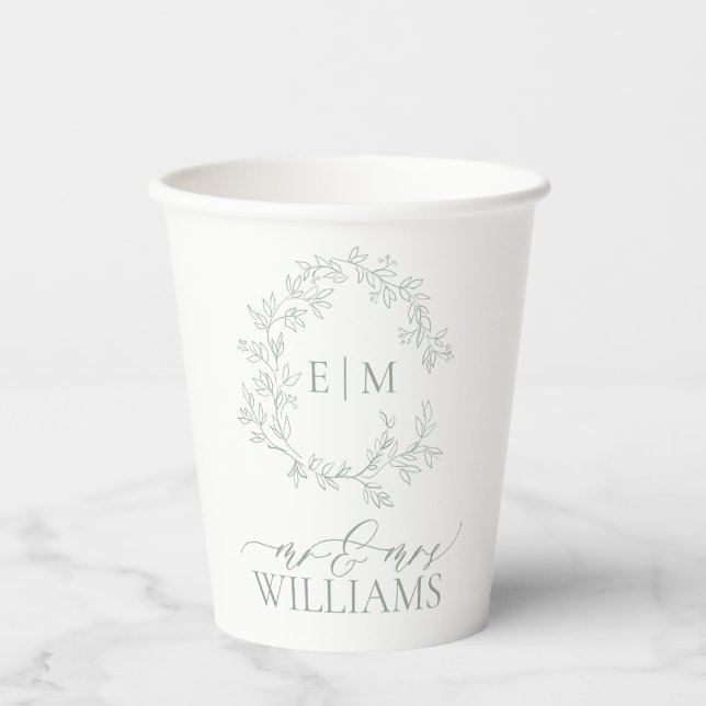 Modern Sage Green Leafy Crest Monogram Wedding Paper Cups (Front)