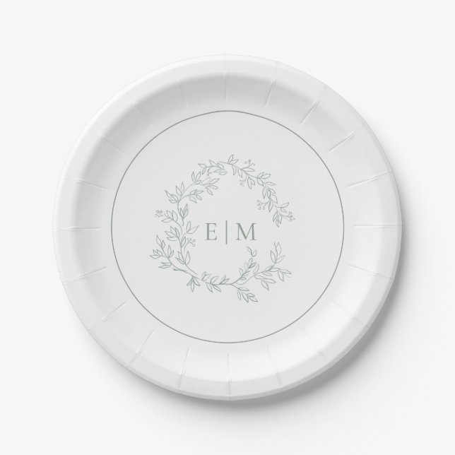Modern Sage Green Leafy Crest Monogram Wedding Paper Plates (Front)