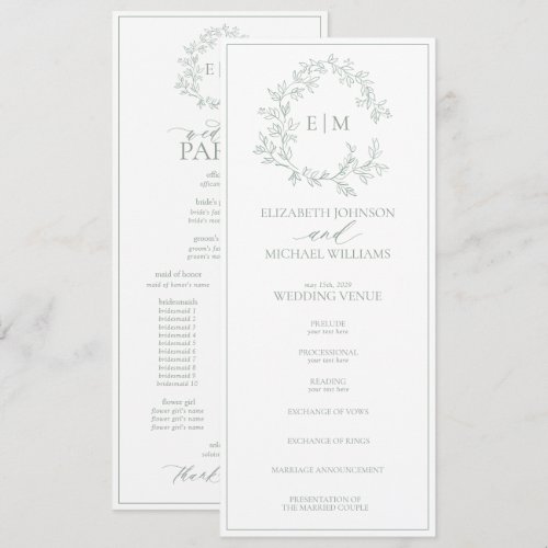 Modern Sage Green Leafy Crest Monogram Wedding Program