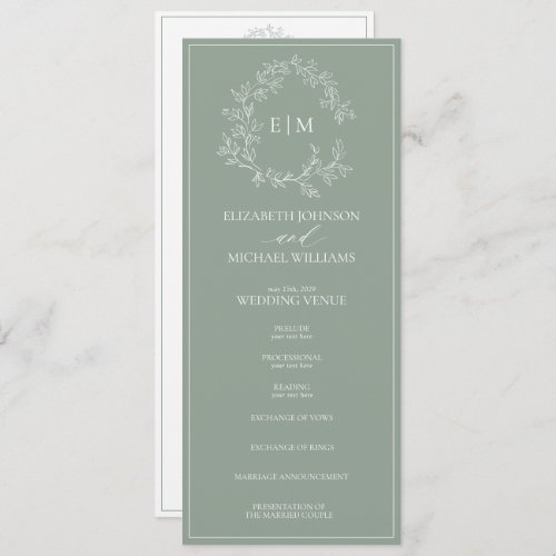 Modern Sage Green Leafy Crest Monogram Wedding Program